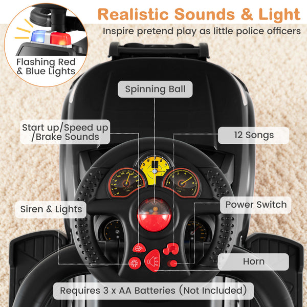 3-in-1 Toddler Push Car with Handle and Canopy Sliding Police Car with Siren-Black