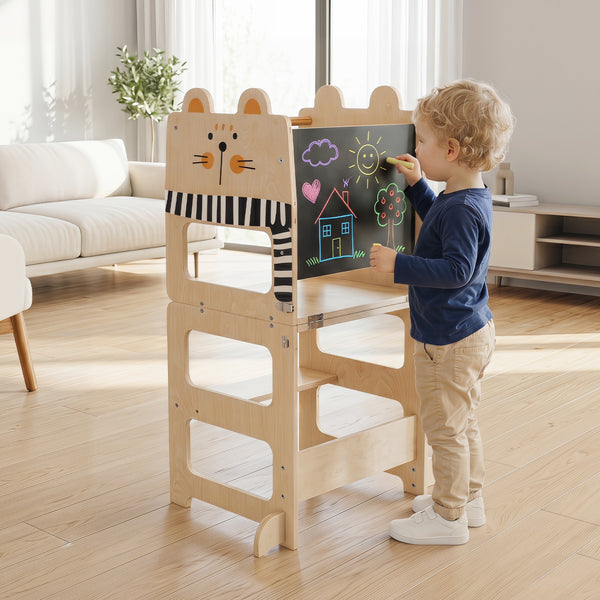 3-in-1 Wooden Kids Toddler Kitchen Step Stool with Blackboard