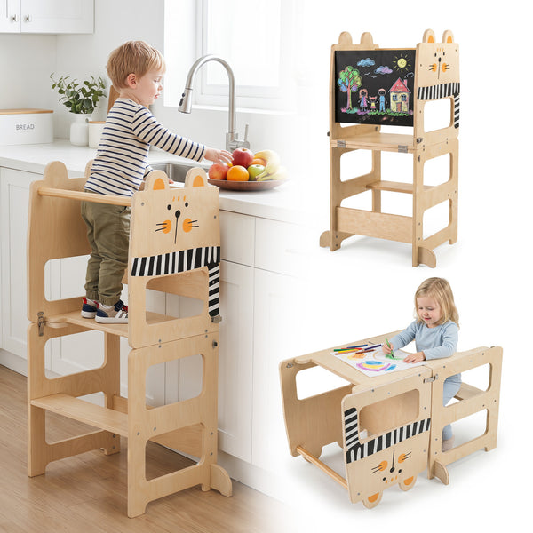 3-in-1 Wooden Kids Toddler Kitchen Step Stool with Blackboard