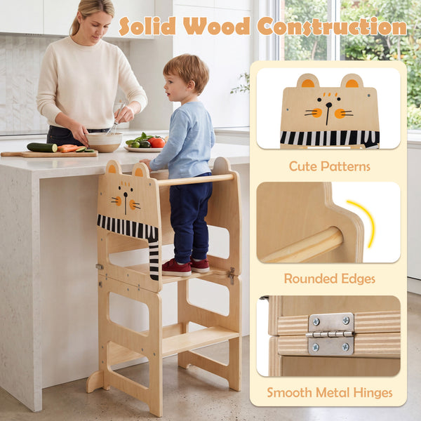 3-in-1 Wooden Kids Toddler Kitchen Step Stool with Blackboard