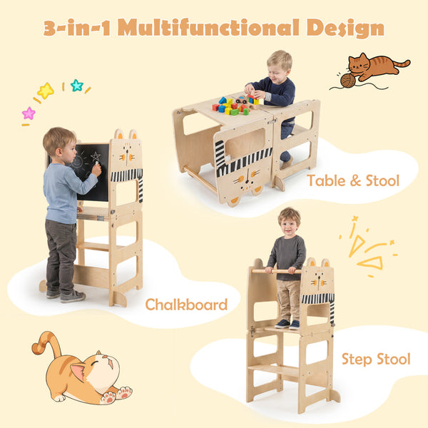 3-in-1 Wooden Kids Toddler Kitchen Step Stool with Blackboard
