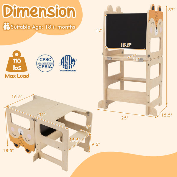 3-in-1 Wooden Kids Toddler Kitchen Step Stool with Blackboard