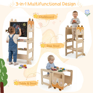 3-in-1 Wooden Kids Toddler Kitchen Step Stool with Blackboard