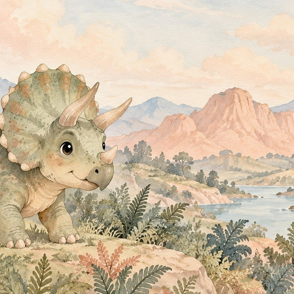 Baby Triceratops Dinosaur kids bath mat, close up of the watercolor artwork