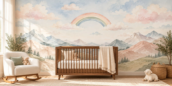 Watercolor Blush Mountain Rainbow Wall Mural, image 1
