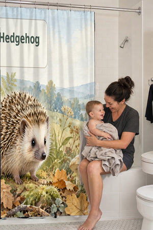 Mom holding her baby on the tub edge next to the H is for Hedgehog Alphabet shower curtain