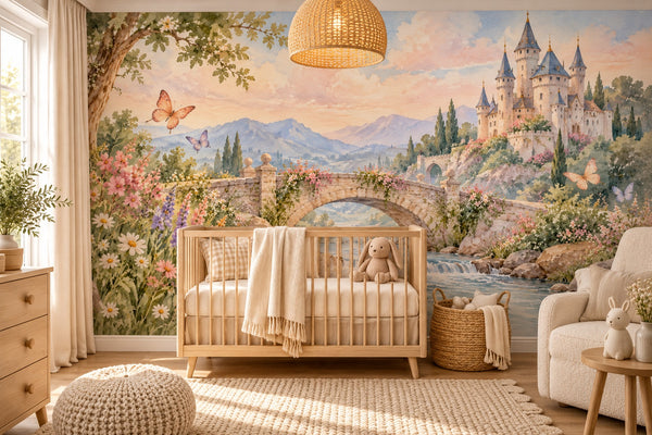 Watercolor Castle Bridge Fairy Tale Wall Mural, image 1