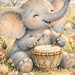 Elephant Drum shower curtain, close up of the watercolor artwork