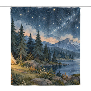 Starry Tent Camping shower curtain, full front view of the 71 x 74 in fabric curtain