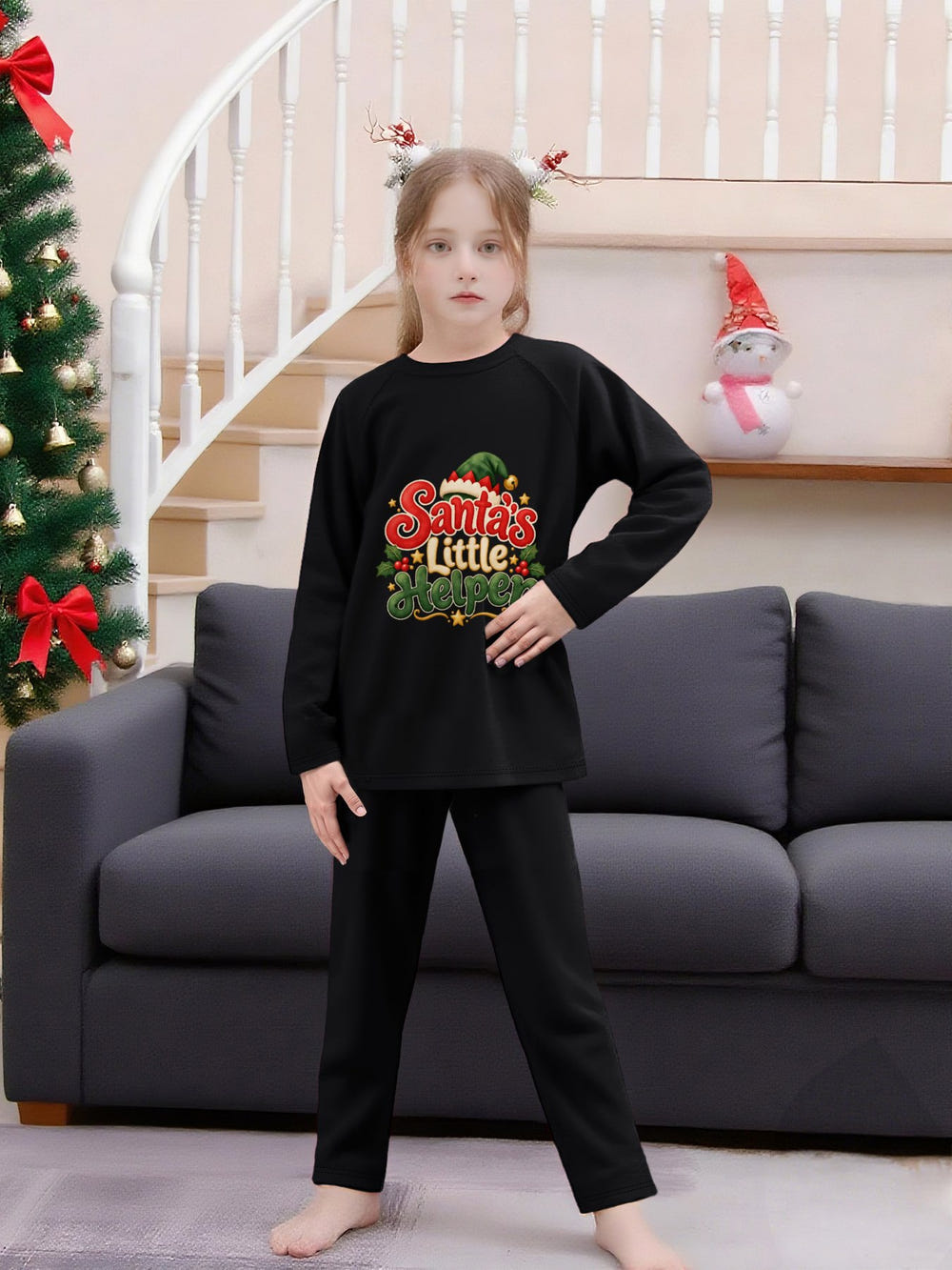 Santa's Little Helper Kids Christmas Outfit, Black Long Sleeve Top and Pants Lounge Set for Boys and Girls