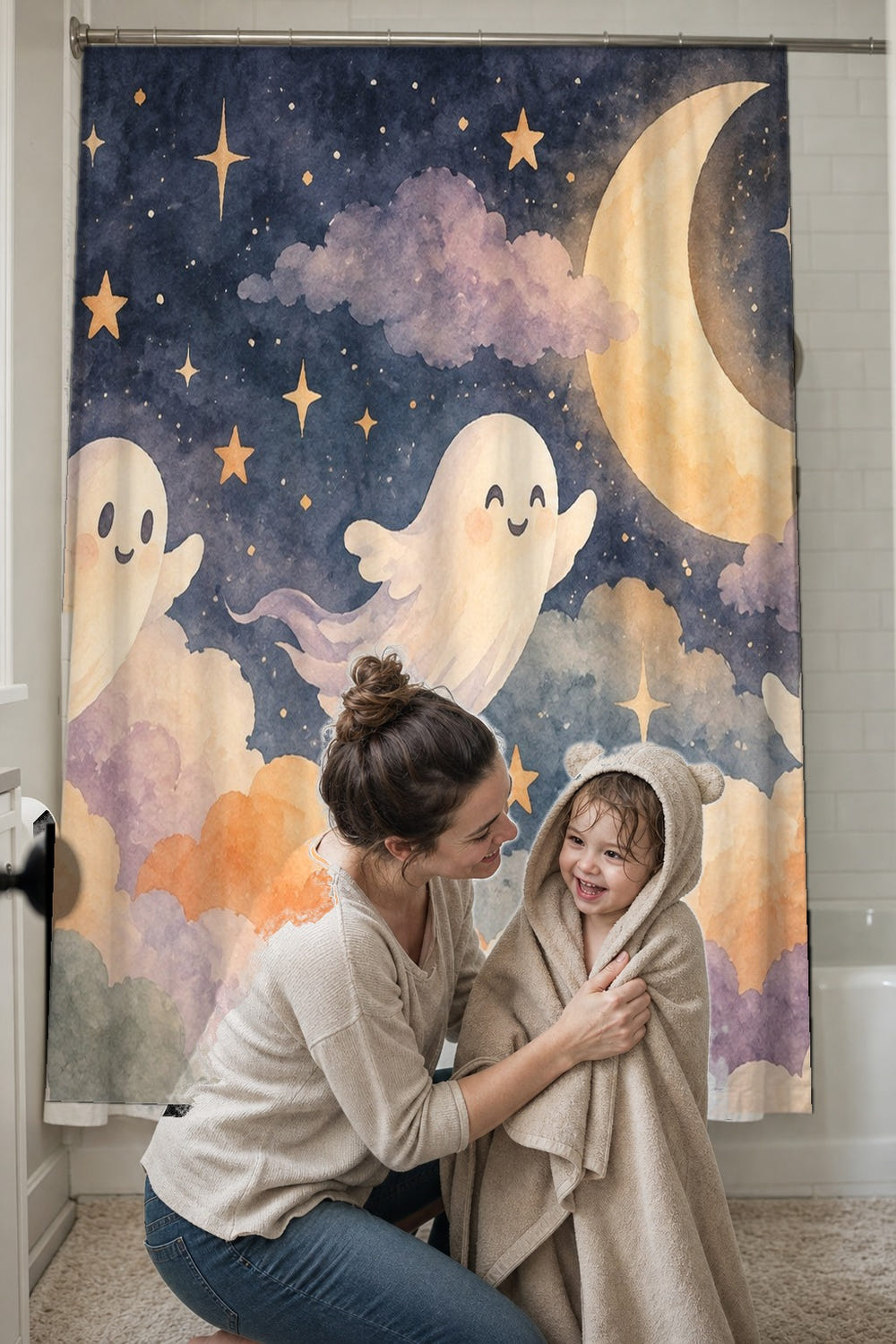 Friendly Ghosts Halloween shower curtain, full front view of the 71 x 74 in fabric curtain