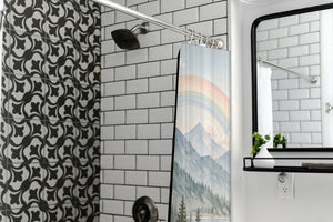 Alpine Lake Rainbow shower curtain in a modern farmhouse bathroom with subway tile