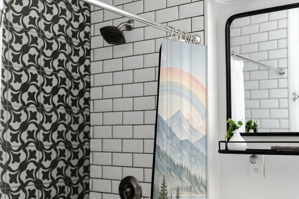Alpine Lake Rainbow shower curtain in a modern farmhouse bathroom with subway tile