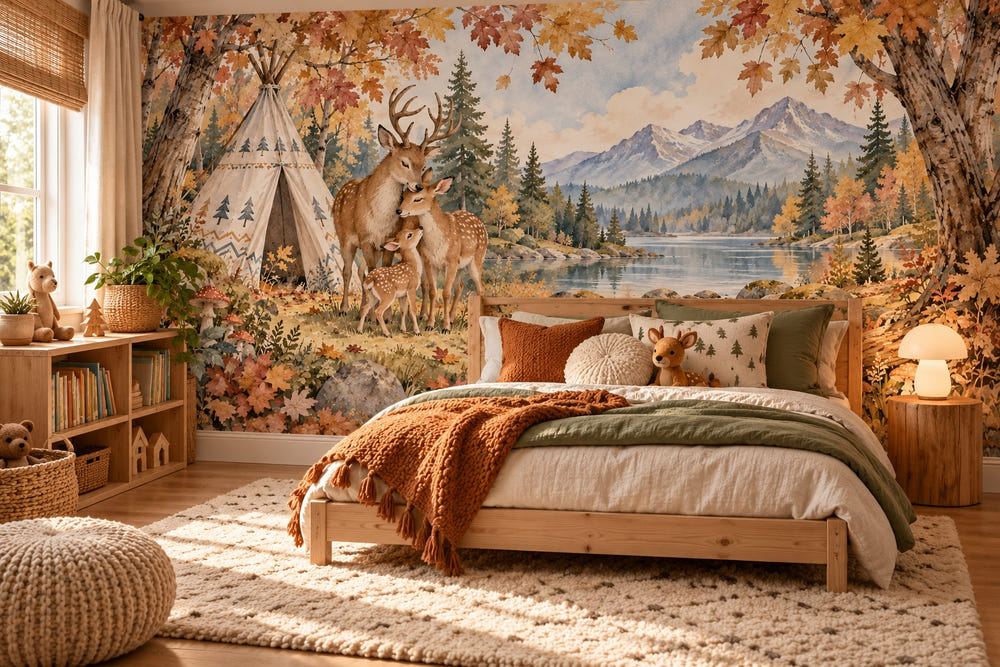 Watercolor Deer Teepee Camping Wall Mural, image 1