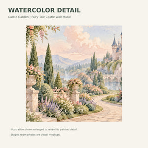 Watercolor Castle Garden Fairy Tale Wall Mural, image 4