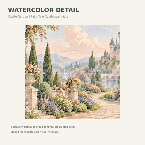 Watercolor Castle Garden Fairy Tale Wall Mural, image 4