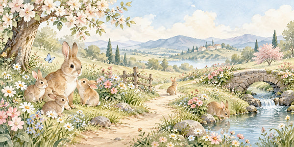 Watercolor Peaceful Garden Bunny Wall Mural, image 3