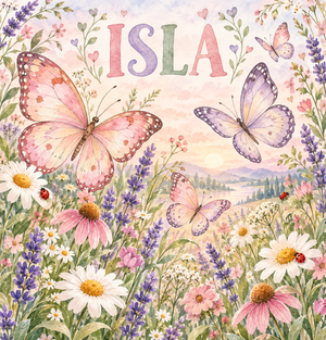 Butterfly Meadow watercolor artwork with the name Isla