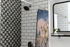 Moonlit Castle Fairy Tale shower curtain in a modern farmhouse bathroom with subway tile