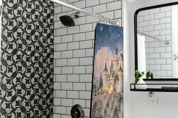Moonlit Castle Fairy Tale shower curtain in a modern farmhouse bathroom with subway tile