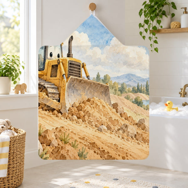 Bulldozer Hills kids hooded bath towel hanging in a kids bathroom