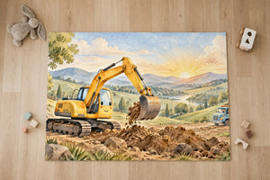 Top view of the Sunrise Excavator kids area rug on a wood floor