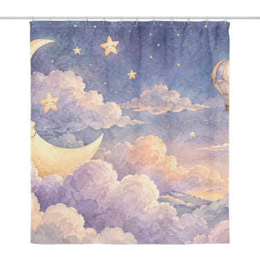 Twilight Moon Hot Air Balloon shower curtain, full front view of the 71 x 74 in fabric curtain