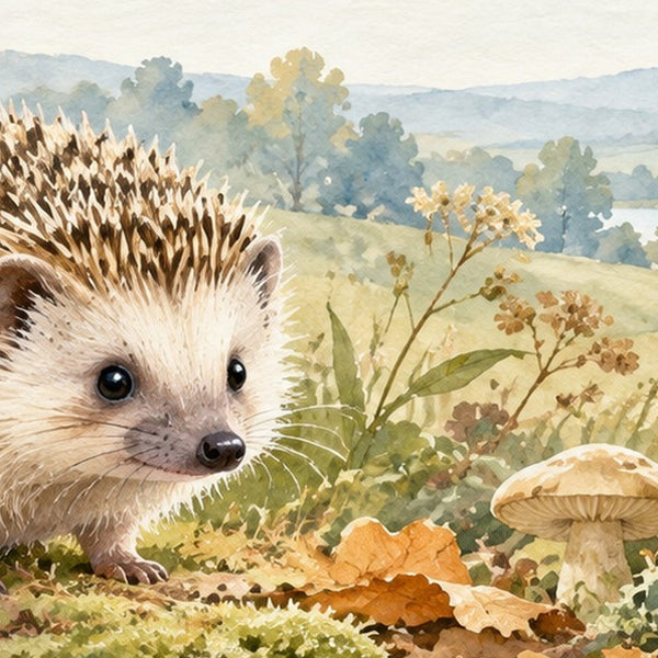 H is for Hedgehog Alphabet shower curtain, close up of the watercolor artwork