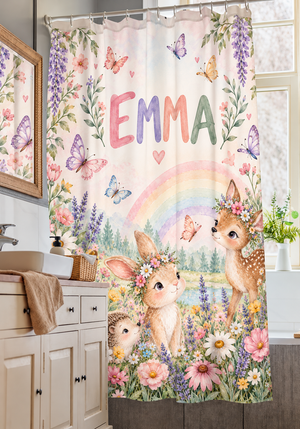 Rainbow Garden personalized kids shower curtain over a bathtub