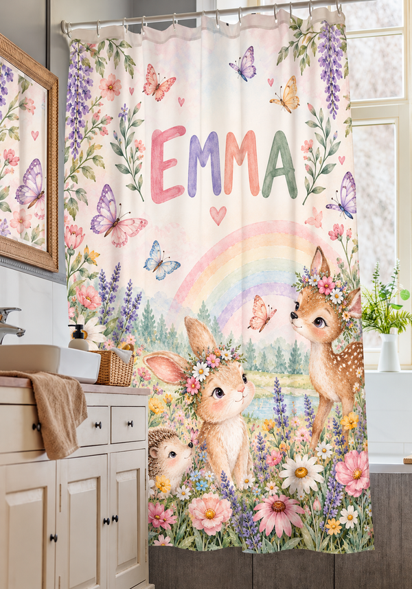 Rainbow Garden personalized kids shower curtain over a bathtub