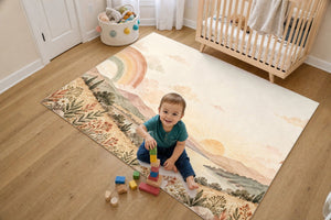 Toddler stacking blocks on the Twin Rainbow Valley kids rug in a bright bedroom