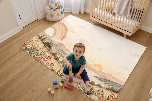Toddler stacking blocks on the Twin Rainbow Valley kids rug in a bright bedroom