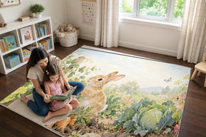 Mom and daughter reading a book on the Vegetable Garden Bunny play rug