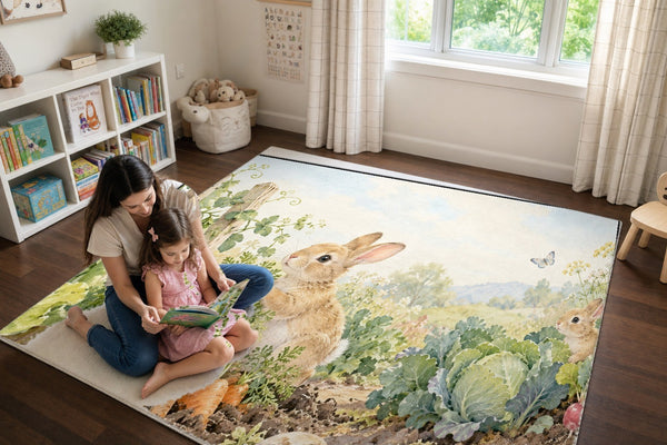 Mom and daughter reading a book on the Vegetable Garden Bunny play rug