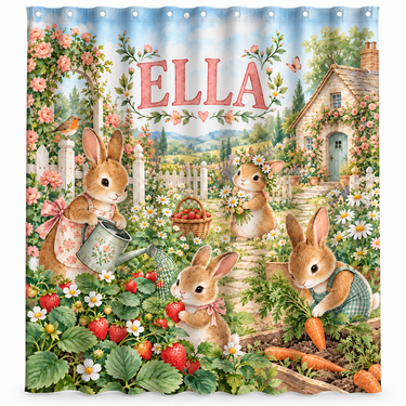 Personalized bunny garden kids shower curtain with the name Ella