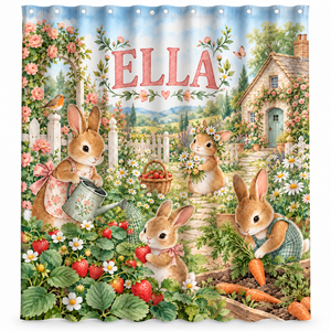 Personalized bunny garden kids shower curtain with the name Ella