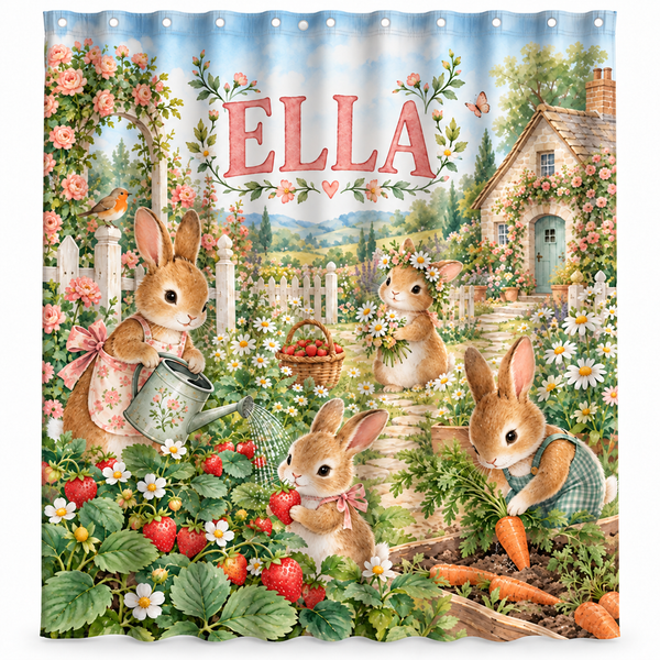 Personalized bunny garden kids shower curtain with the name Ella