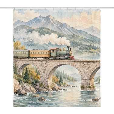Mountain Bridge Train shower curtain, full front view of the 71 x 74 in fabric curtain