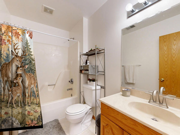 Deer Teepee Camping shower curtain on a tub shower combo in an American family bathroom