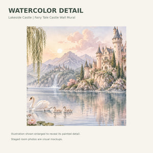 Watercolor Lakeside Castle Fairy Tale Wall Mural, image 4