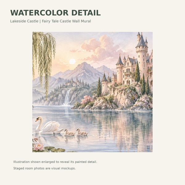 Watercolor Lakeside Castle Fairy Tale Wall Mural, image 4
