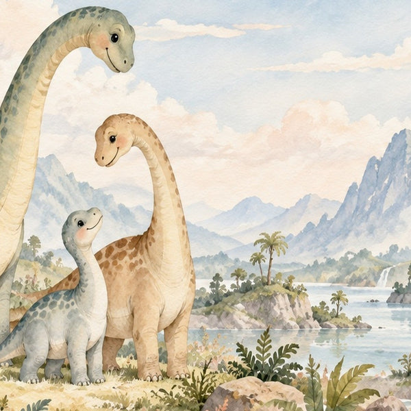 Long Neck Family Dinosaur kids bath mat, close up of the watercolor artwork