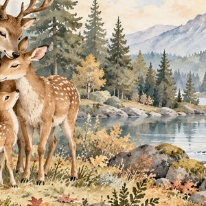 Deer Teepee Camping shower curtain, close up of the watercolor artwork