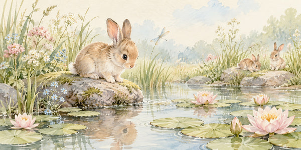 Watercolor Quiet Garden Pond Bunny Wall Mural, image 3