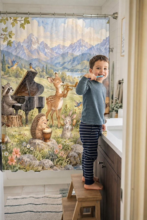 Child brushing teeth in a family bathroom with the Animal Music Festival shower curtain
