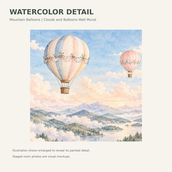 Watercolor Mountain Hot Air Balloons Wall Mural, image 4