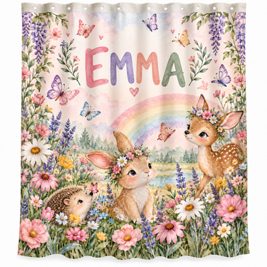 Personalized rainbow, bunny and fawn kids shower curtain with the name Emma