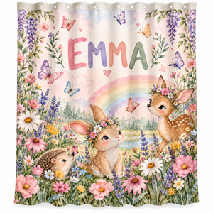 Personalized rainbow, bunny and fawn kids shower curtain with the name Emma