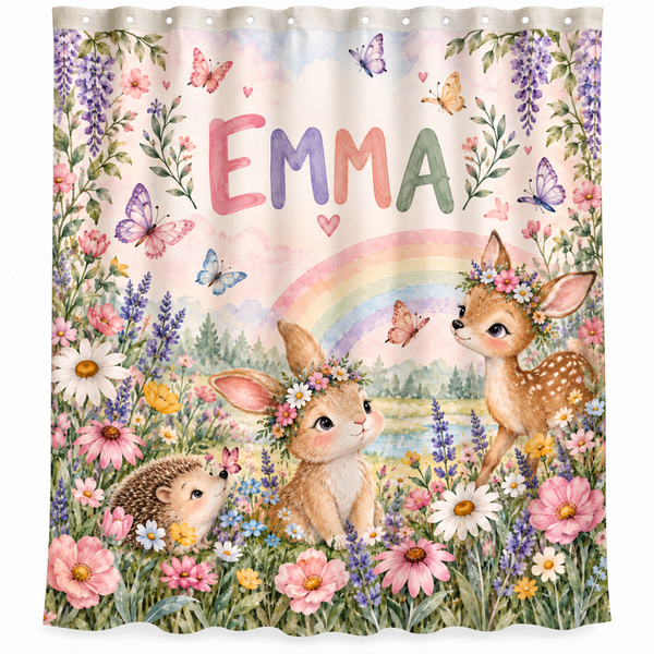 Personalized rainbow, bunny and fawn kids shower curtain with the name Emma