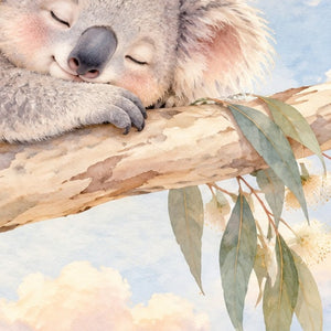 Sleepy Koala shower curtain, close up of the watercolor artwork